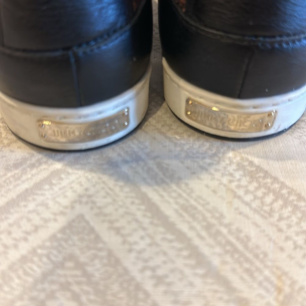 Jimmy Choo Yazz Black Brown Snakeskin Print High-Top Sneakers Gold Velcro Siz 37 - Picture 6 of 9